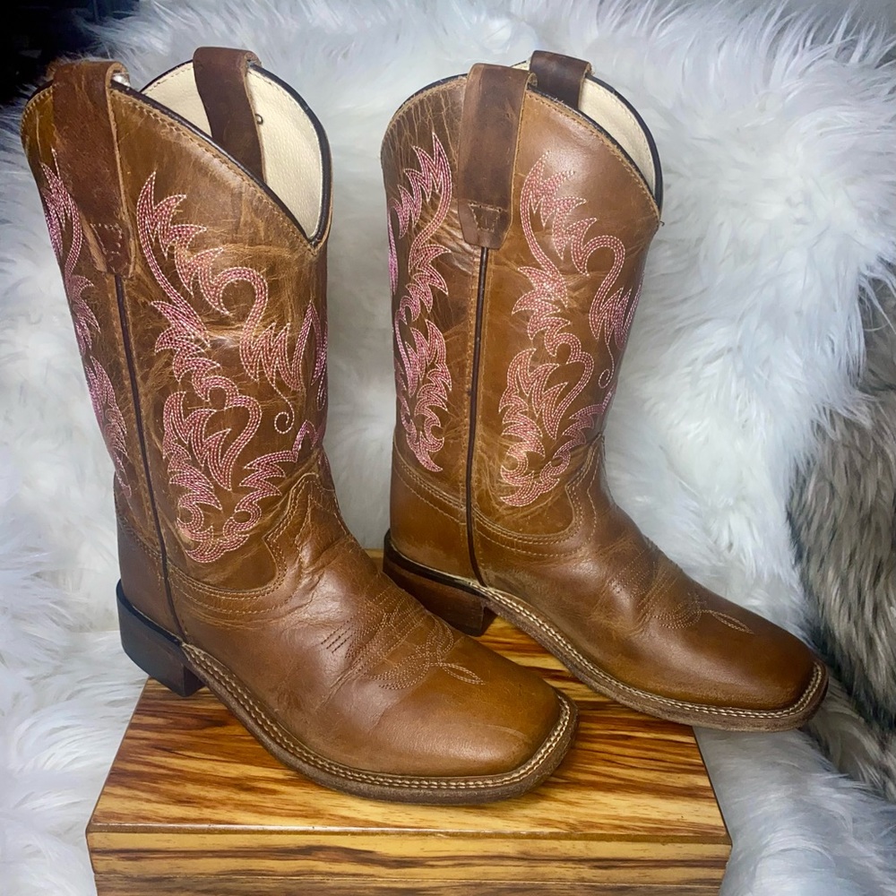 Tin Star Brown Leather Square Toe Pull On Cowboy Western Boots Kids 2D